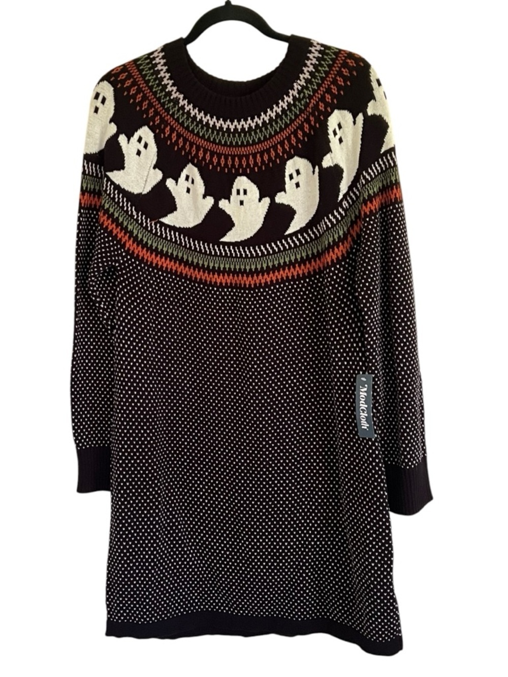 Modcloth Black Halloween Ghost Fair Isle Cozy Commitment Sweater Dress NWT XL - Picture 1 of 13